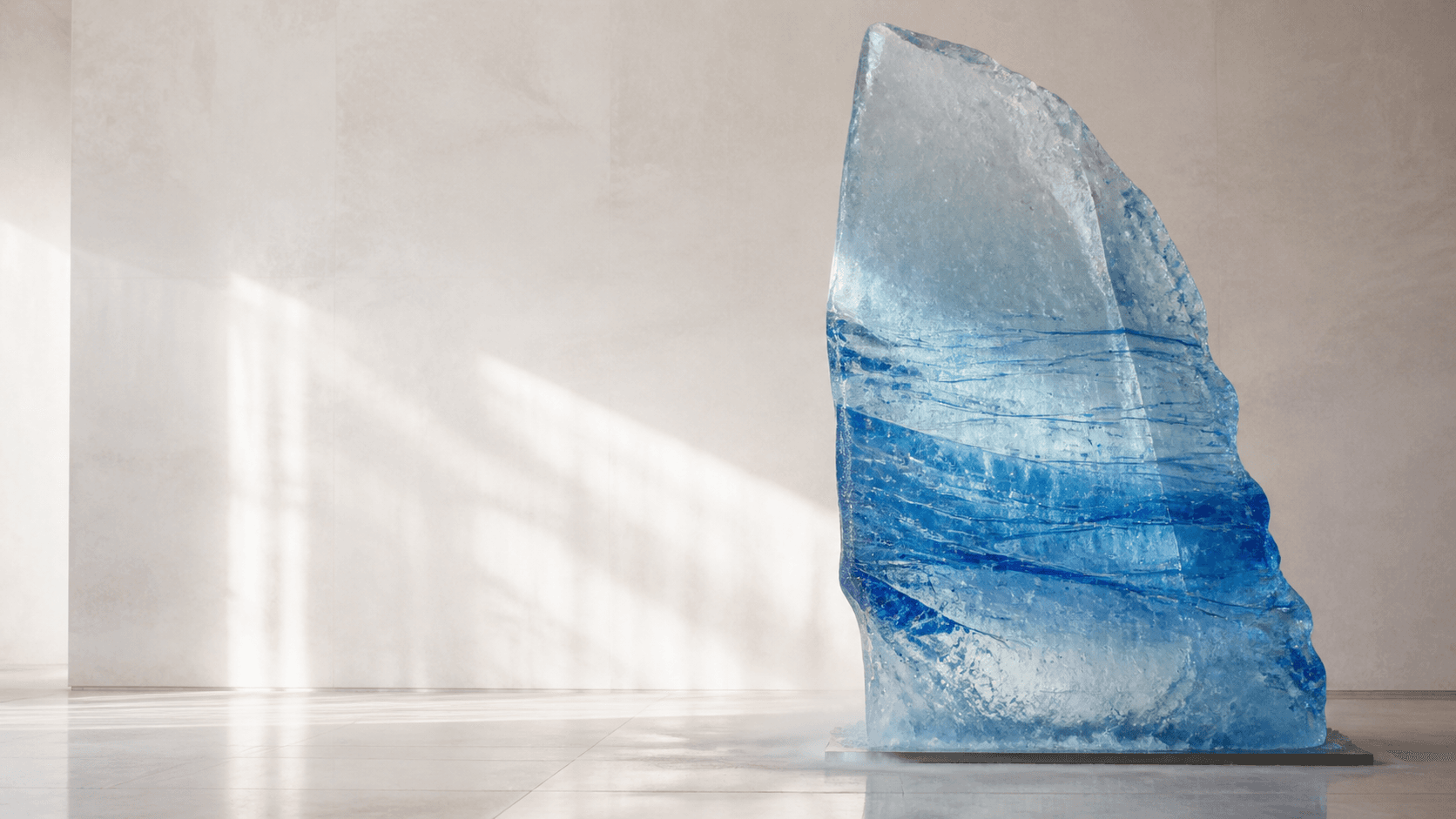 A cobalt-blue glacier cross-section in a sunlit gallery